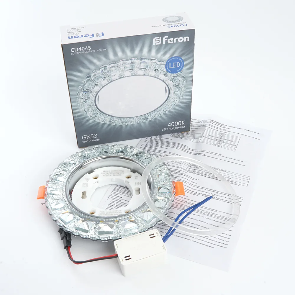 FERON Светильник встраиваемый с белой LED подсветкой CD4045 потолочный GX53 без лампы, прозрачный, хром 41408 FERON Светильник встраиваемый с белой LED подсветкой CD4045 потолочный GX53 без лампы, прозрачный, хром 41408