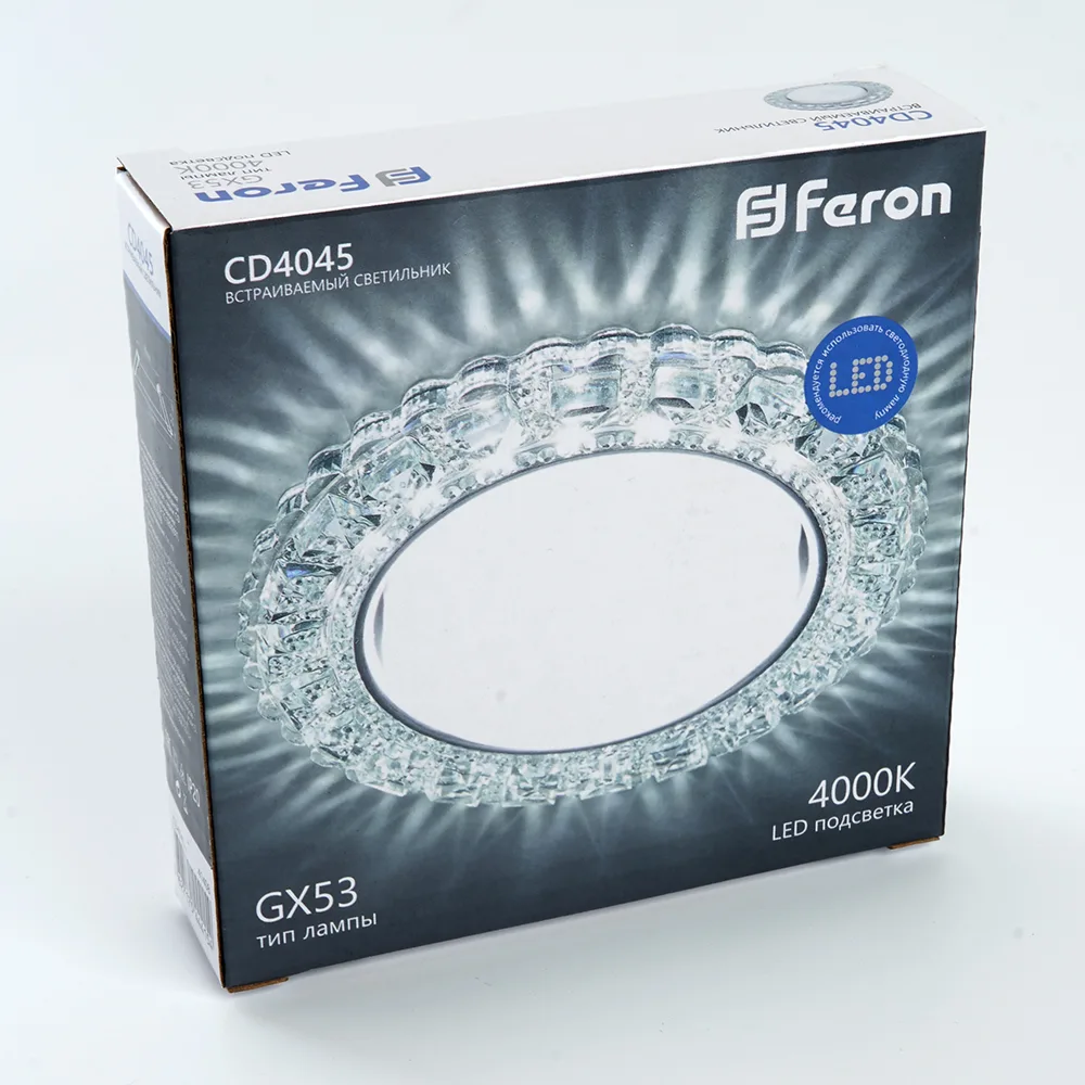 FERON Светильник встраиваемый с белой LED подсветкой CD4045 потолочный GX53 без лампы, прозрачный, хром 41408 FERON Светильник встраиваемый с белой LED подсветкой CD4045 потолочный GX53 без лампы, прозрачный, хром 41408