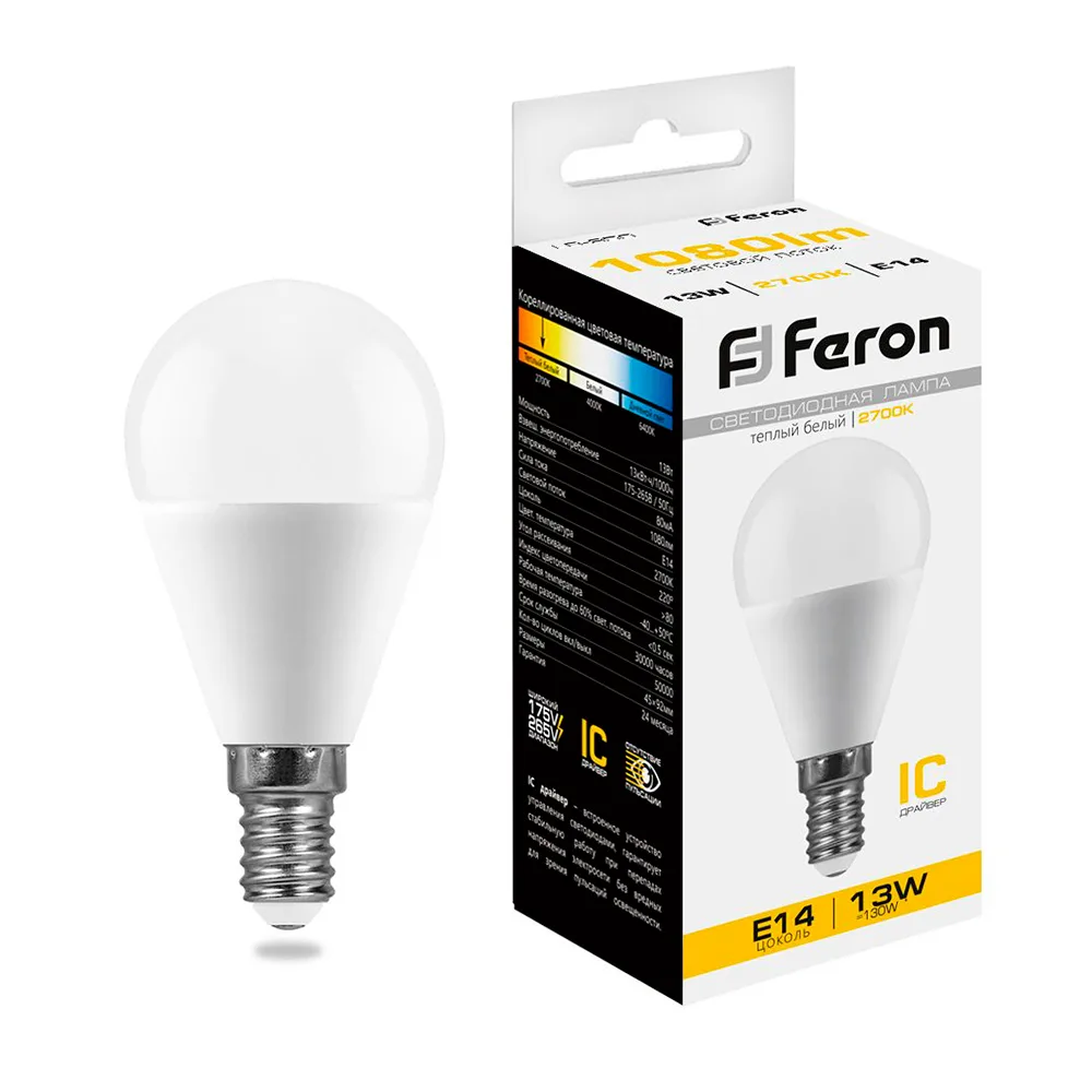 FERON Лампа светодиодная LB-950 Шарик E14 13W 175-265V 2700K 38101 FERON Лампа светодиодная LB-950 Шарик E14 13W 175-265V 2700K 38101