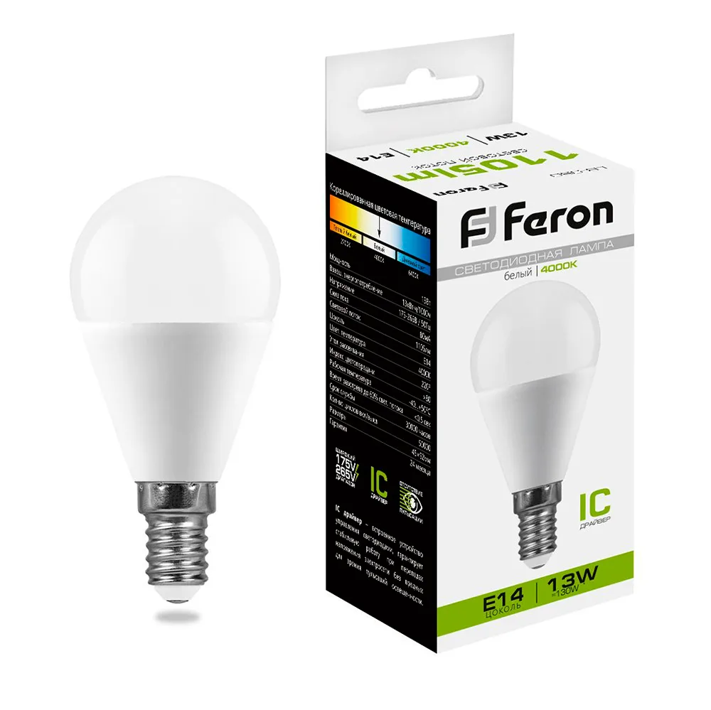 FERON Лампа светодиодная LB-950 Шарик E14 13W 175-265V 4000K 38102 FERON Лампа светодиодная LB-950 Шарик E14 13W 175-265V 4000K 38102