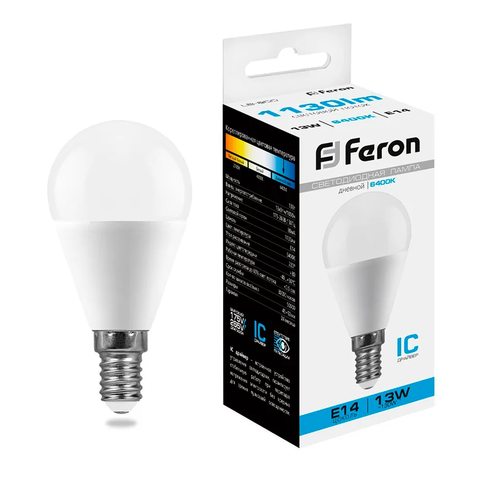 FERON Лампа светодиодная LB-950 Шарик E14 13W 175-265V 6400K 38103 FERON Лампа светодиодная LB-950 Шарик E14 13W 175-265V 6400K 38103