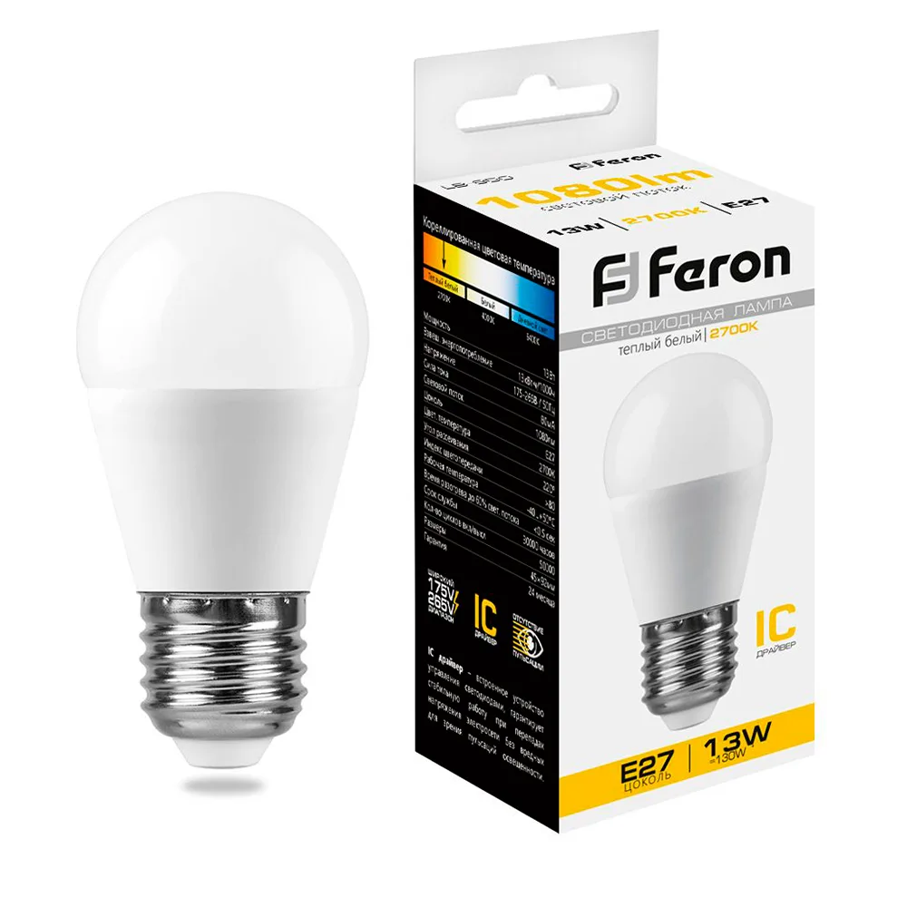FERON Лампа светодиодная LB-950 Шарик E27 13W 175-265V 2700K 38104 FERON Лампа светодиодная LB-950 Шарик E27 13W 175-265V 2700K 38104