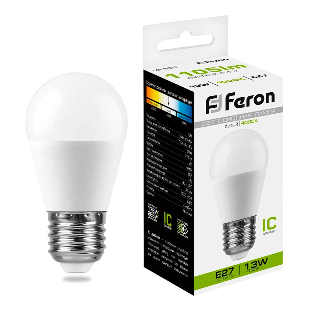FERON Лампа светодиодная LB-950 Шарик E27 13W 175-265V 4000K 38105 FERON Лампа светодиодная LB-950 Шарик E27 13W 175-265V 4000K 38105