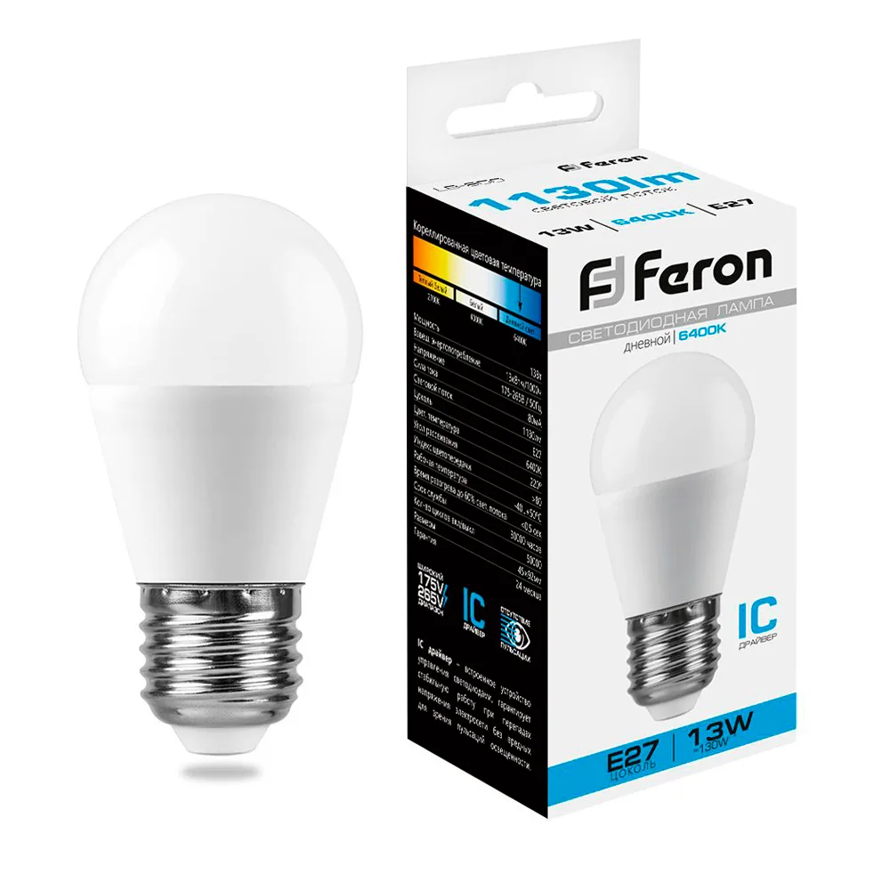 Лампа светодиодная FERON LB-950 Шарик E27 13W 175-265V 6400K 38106