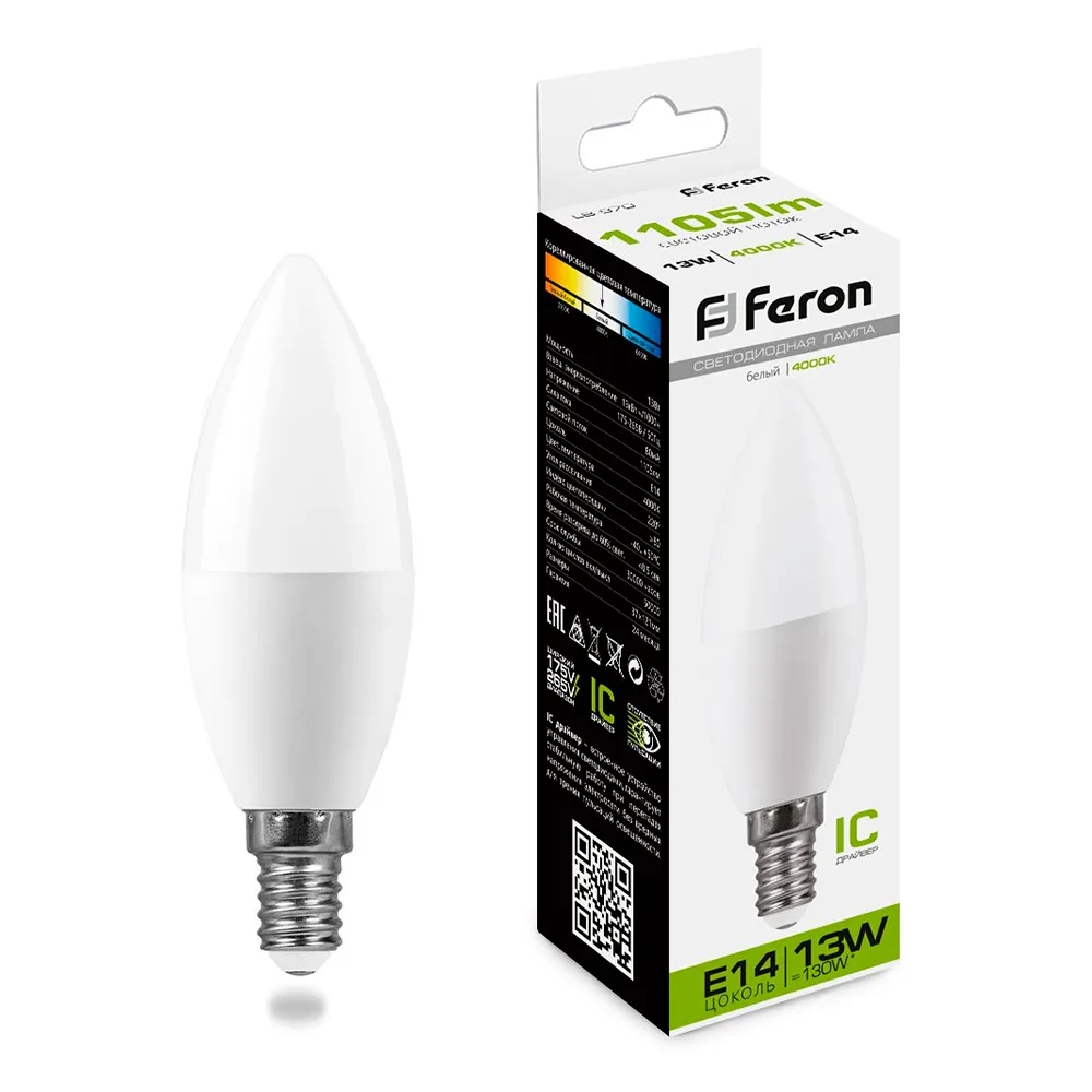 FERON Лампа светодиодная LB-970 Свеча E14 13W 175-265V 4000K 38108 FERON Лампа светодиодная LB-970 Свеча E14 13W 175-265V 4000K 38108