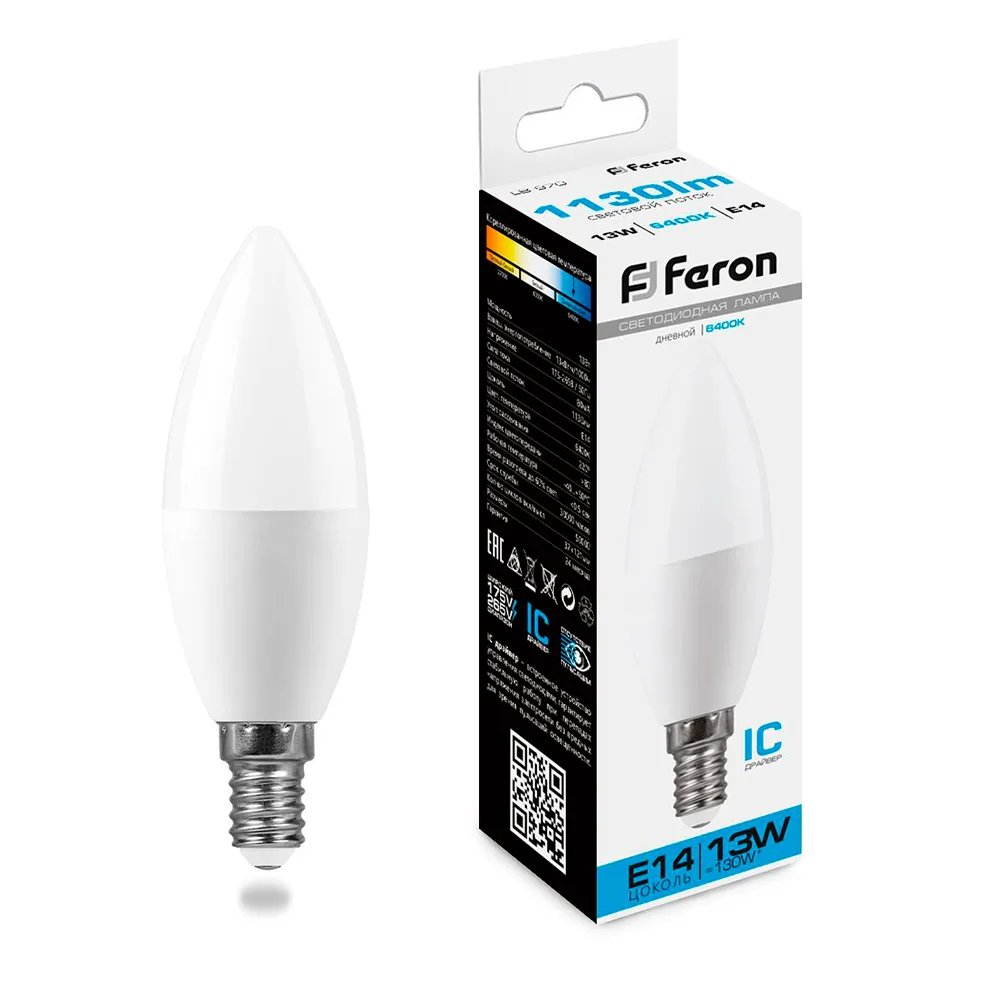 FERON Лампа светодиодная LB-970 Свеча E14 13W 175-265V 6400K 38109 FERON Лампа светодиодная LB-970 Свеча E14 13W 175-265V 6400K 38109
