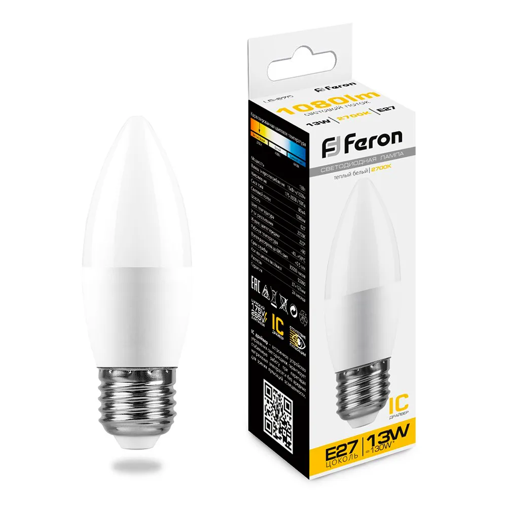 FERON Лампа светодиодная LB-970 Свеча E27 13W 175-265V 2700K 38110 FERON Лампа светодиодная LB-970 Свеча E27 13W 175-265V 2700K 38110