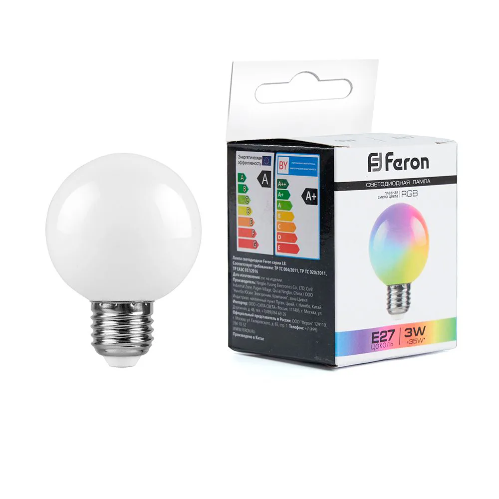 FERON Лампа светодиодная LB-371 Шар матовый E27 3W 230V RGB плавная сменая цвета 38115 FERON Лампа светодиодная LB-371 Шар матовый E27 3W 230V RGB плавная сменая цвета 38115
