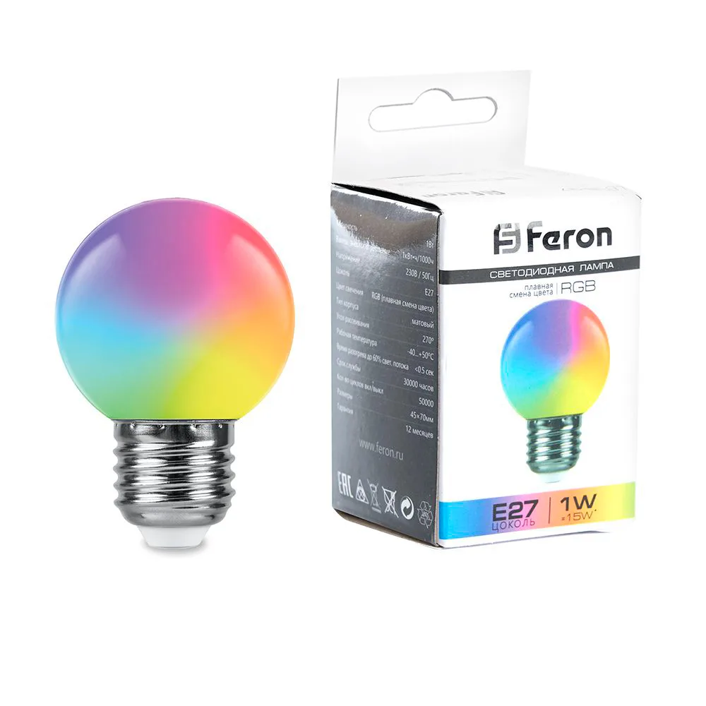 Лампа светодиодная FERON LB-37 Шарик матовый E27 1W 230V RGB плавная сменая цвета 38116