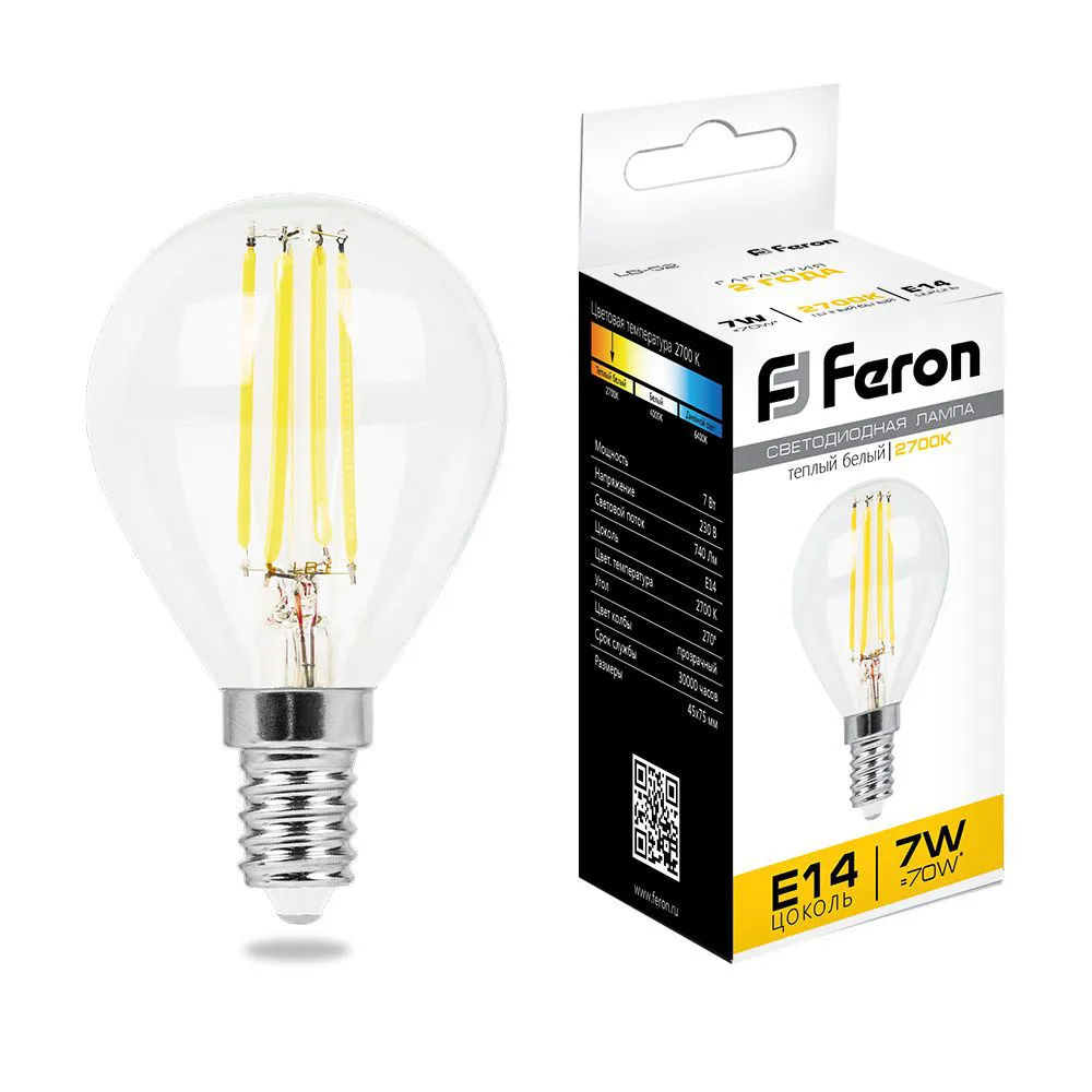 FERON Лампа светодиодная LB-52 Шарик E14 7W 230V 2700K 25874 FERON Лампа светодиодная LB-52 Шарик E14 7W 230V 2700K 25874
