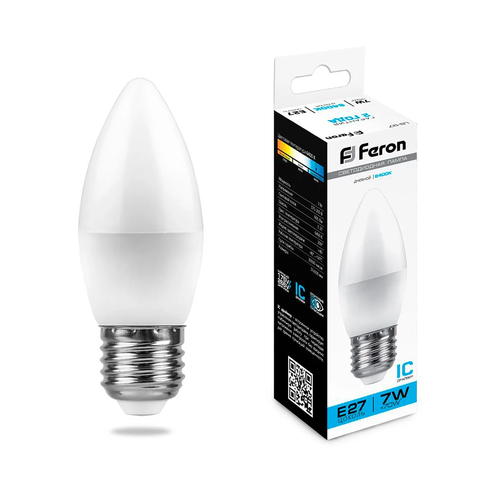 Лампа светодиодная FERON LB-97 Свеча E27 7W 175-265V 6400K 25883