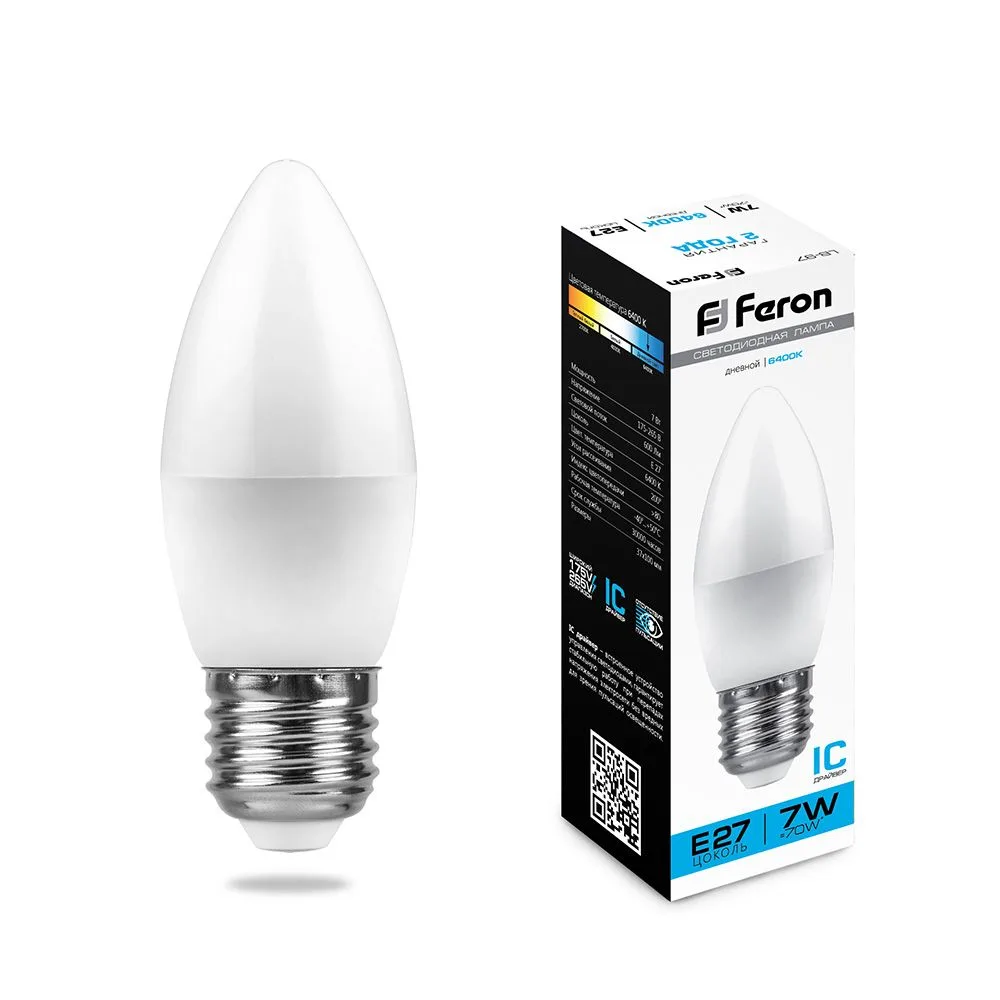 FERON Лампа светодиодная LB-97 Свеча E27 7W 175-265V 6400K 25883 FERON Лампа светодиодная LB-97 Свеча E27 7W 175-265V 6400K 25883