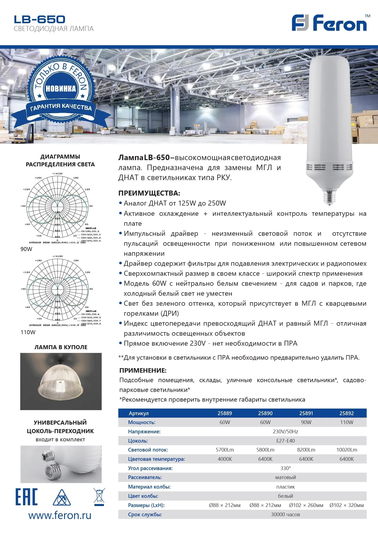 FERON Лампа светодиодная LB-650 E27-E40 60W 6400K 25890 FERON Лампа светодиодная LB-650 E27-E40 60W 6400K 25890