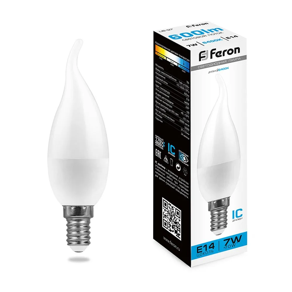 Лампа светодиодная FERON LB-97 Свеча на ветру E14 7W 175-265V 6400K 38135