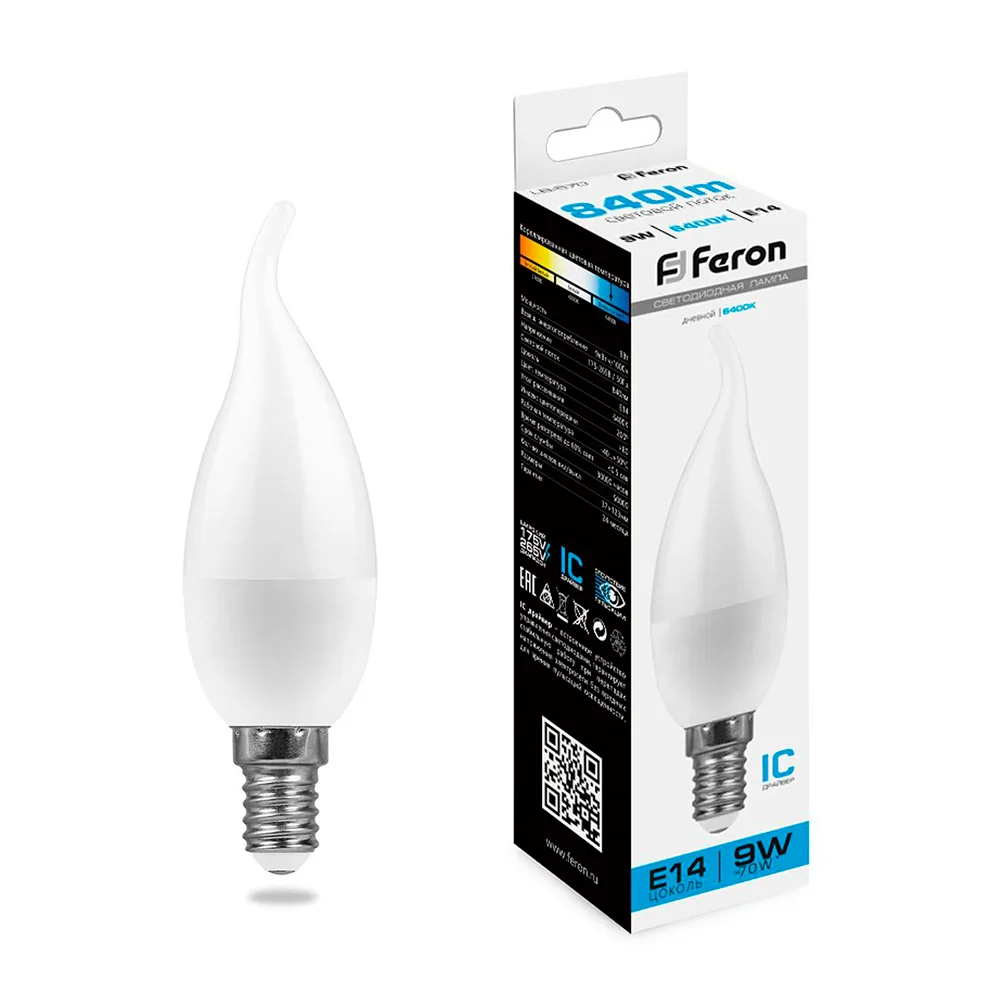 Лампа светодиодная FERON LB-570 Свеча на ветру E14 9W 175-265V 6400K 38136