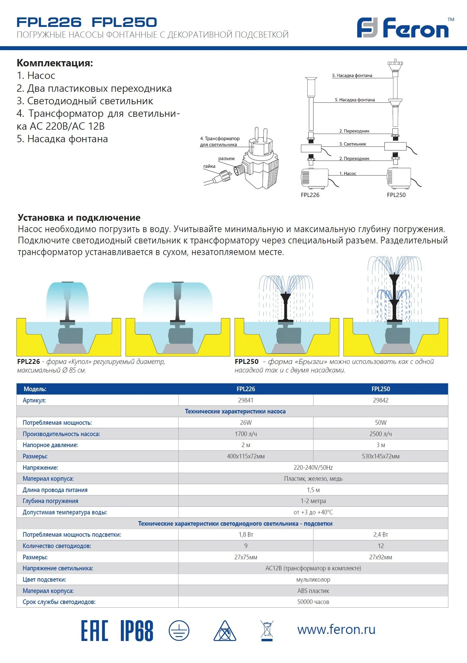 FERON Насос фонтанный со светодиодной подсветкой FPL250, D145*H530, 50W, 220V 29842 FERON Насос фонтанный со светодиодной подсветкой FPL250, D145*H530, 50W, 220V 29842
