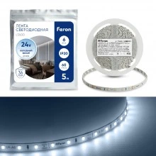 Светодиодная LED лента FERON LS500, 60SMD(2835)/м 6Вт/м 24V 5000*8*1.22мм 6000К IP20