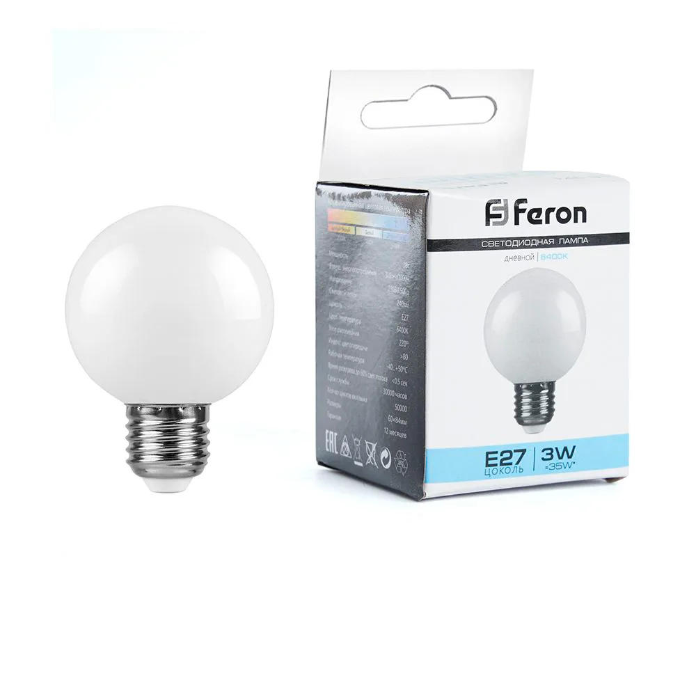 FERON Лампа светодиодная LB-371 Шар E27 3W 230V 6400K матовый 25902 FERON Лампа светодиодная LB-371 Шар E27 3W 230V 6400K матовый 25902