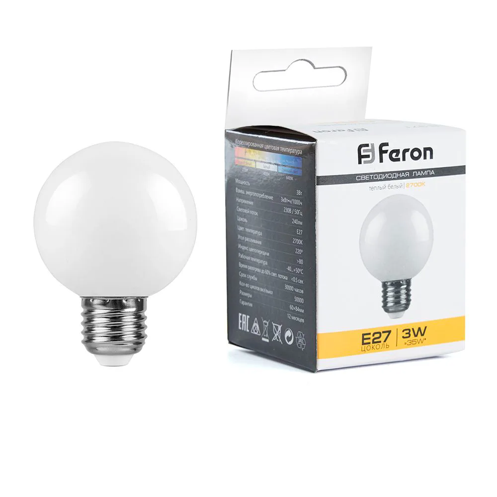 FERON Лампа светодиодная LB-371 Шар E27 3W 230V 2700K матовый 25903 FERON Лампа светодиодная LB-371 Шар E27 3W 230V 2700K матовый 25903