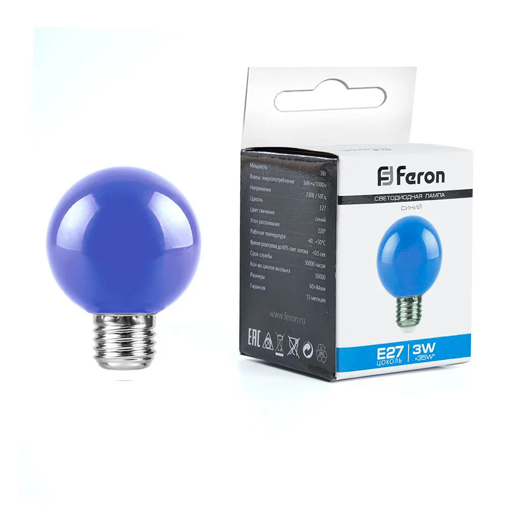 FERON Лампа светодиодная LB-371 Шар E27 3W 230V синий 25906 FERON Лампа светодиодная LB-371 Шар E27 3W 230V синий 25906