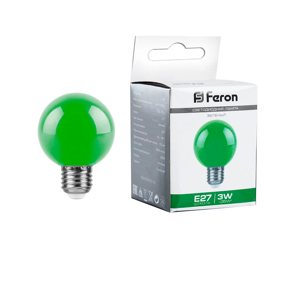 FERON Лампа светодиодная LB-371 Шар E27 3W 230V зеленый 25907 FERON Лампа светодиодная LB-371 Шар E27 3W 230V зеленый 25907