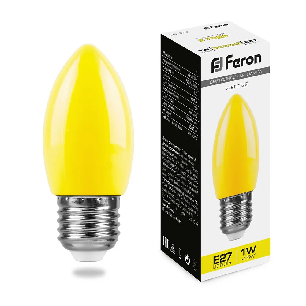 Лампа светодиодная FERON LB-376 свеча E27 1W желтый 25927