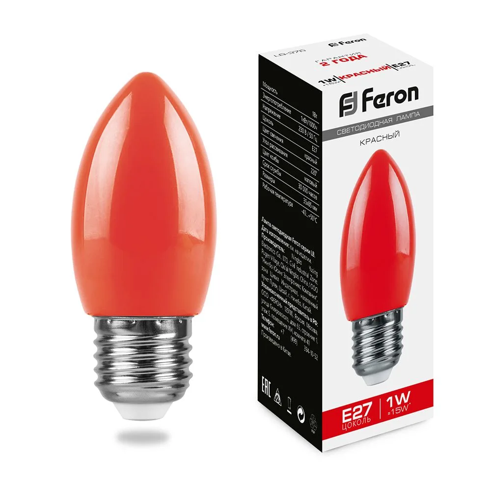 FERON Лампа светодиодная LB-376 свеча E27 1W красный 25928 FERON Лампа светодиодная LB-376 свеча E27 1W красный 25928