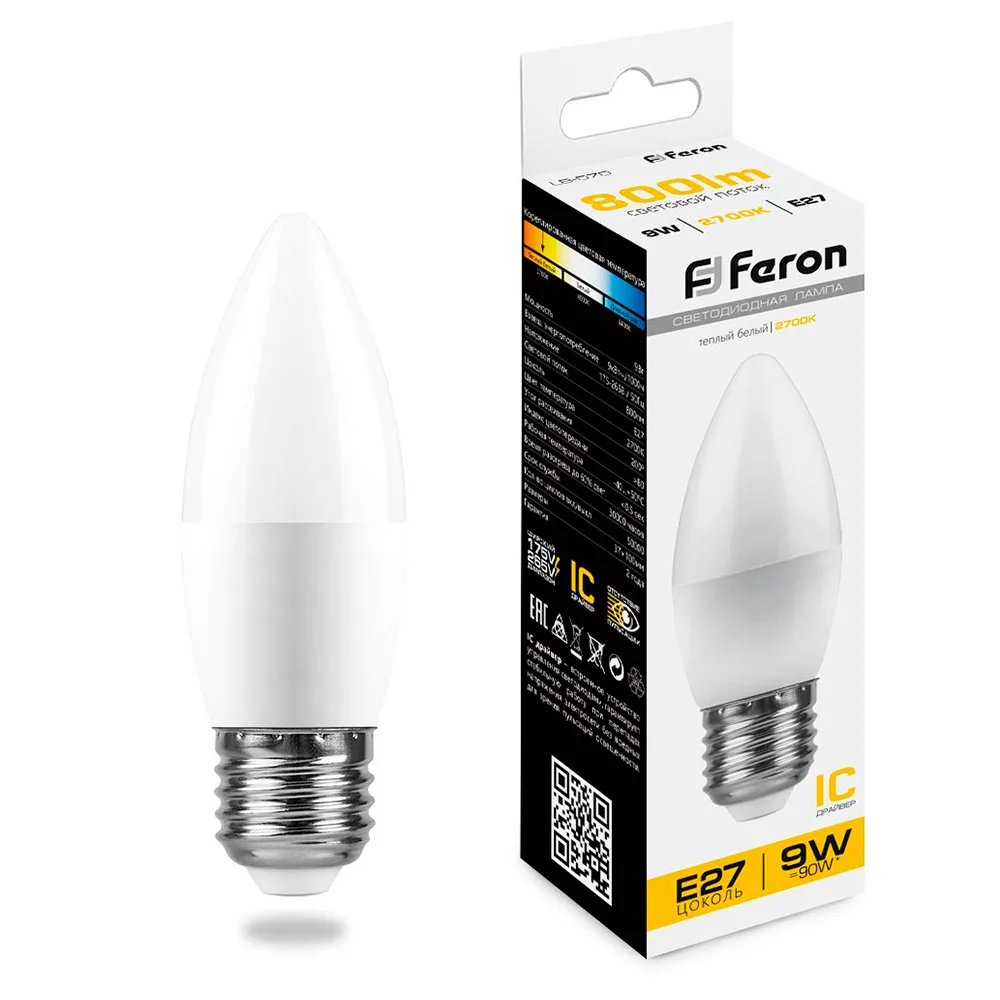 Лампа светодиодная FERON LB-570 Свеча E27 9W 175-265V 2700K 25936