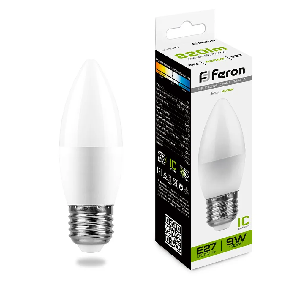 FERON Лампа светодиодная LB-570 Свеча E27 9W 175-265V 4000K 25937 FERON Лампа светодиодная LB-570 Свеча E27 9W 175-265V 4000K 25937