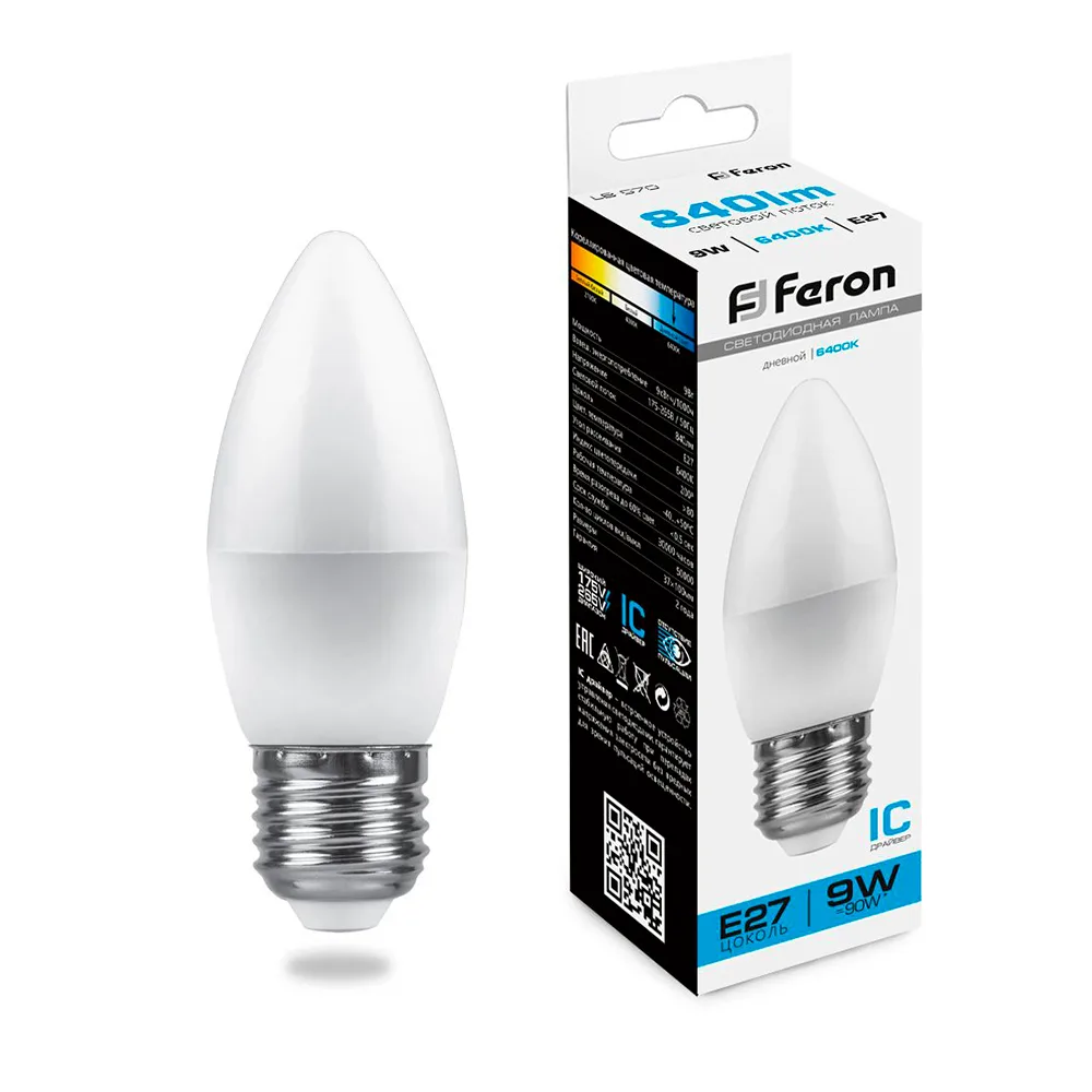 Лампа светодиодная FERON LB-570 Свеча E27 9W 175-265V 6400K 25938