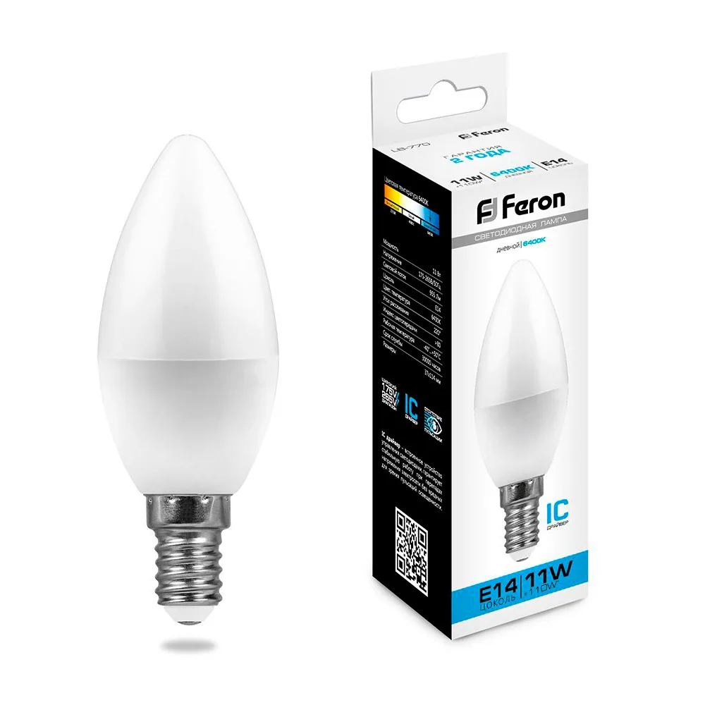 Лампа светодиодная FERON LB-770 Свеча E14 11W 175-265V 6400K 25943