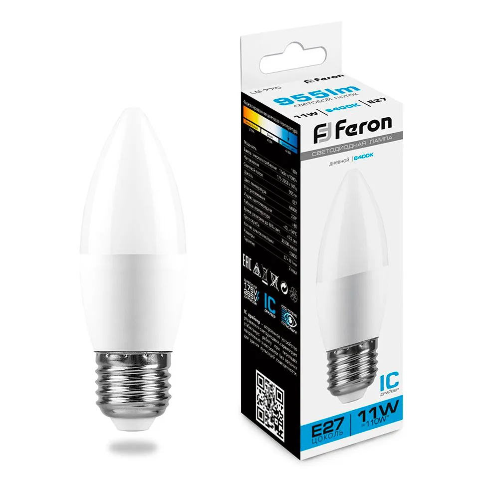 FERON Лампа светодиодная LB-770 Свеча E27 11W 175-265V 6400K 25945 FERON Лампа светодиодная LB-770 Свеча E27 11W 175-265V 6400K 25945