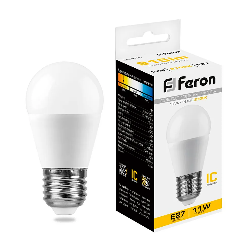 FERON Лампа светодиодная LB-750 Шарик E27 11W 175-265V 2700K 25949 FERON Лампа светодиодная LB-750 Шарик E27 11W 175-265V 2700K 25949