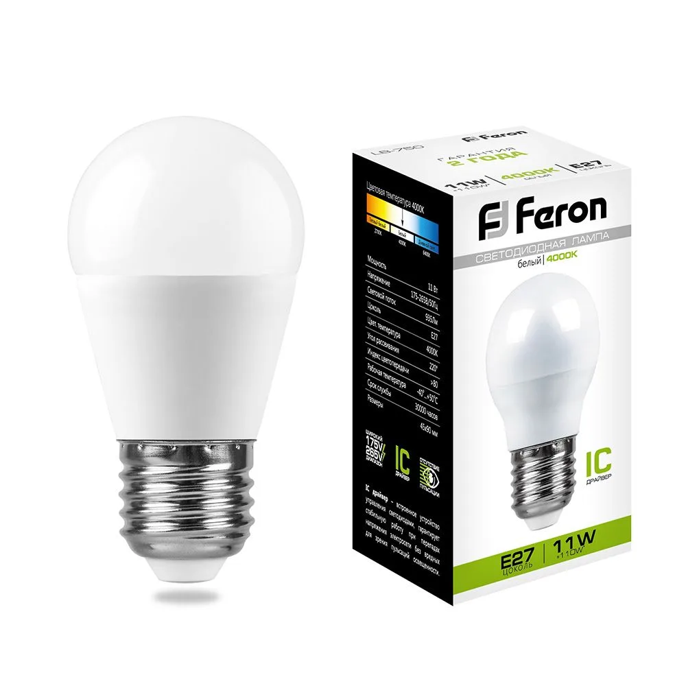 FERON Лампа светодиодная LB-750 Шарик E27 11W 175-265V 4000K 25950 FERON Лампа светодиодная LB-750 Шарик E27 11W 175-265V 4000K 25950