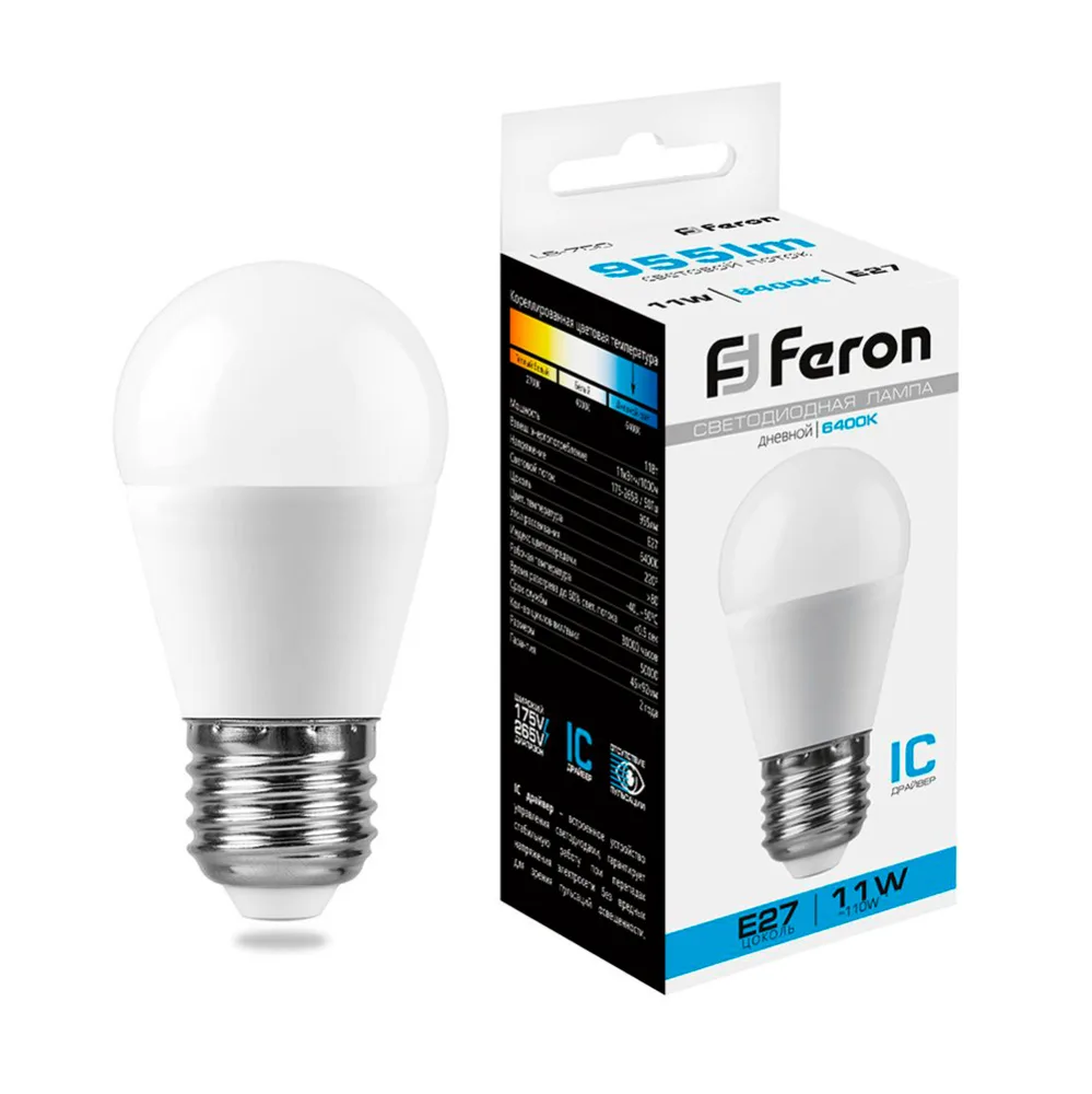 FERON Лампа светодиодная LB-750 Шарик E27 11W 175-265V 6400K 25951 FERON Лампа светодиодная LB-750 Шарик E27 11W 175-265V 6400K 25951