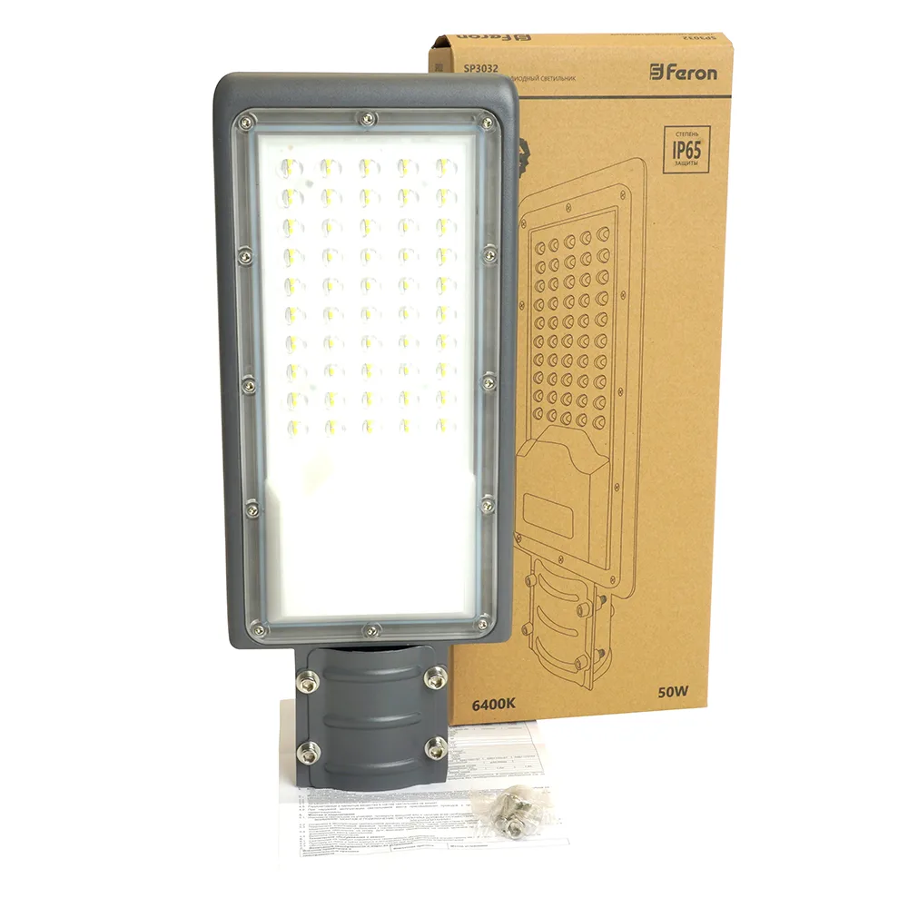 FERON Светодиодный уличный консольный светильник SP3032 50W 6400K 230V, серый 32577 FERON Светодиодный уличный консольный светильник SP3032 50W 6400K 230V, серый 32577