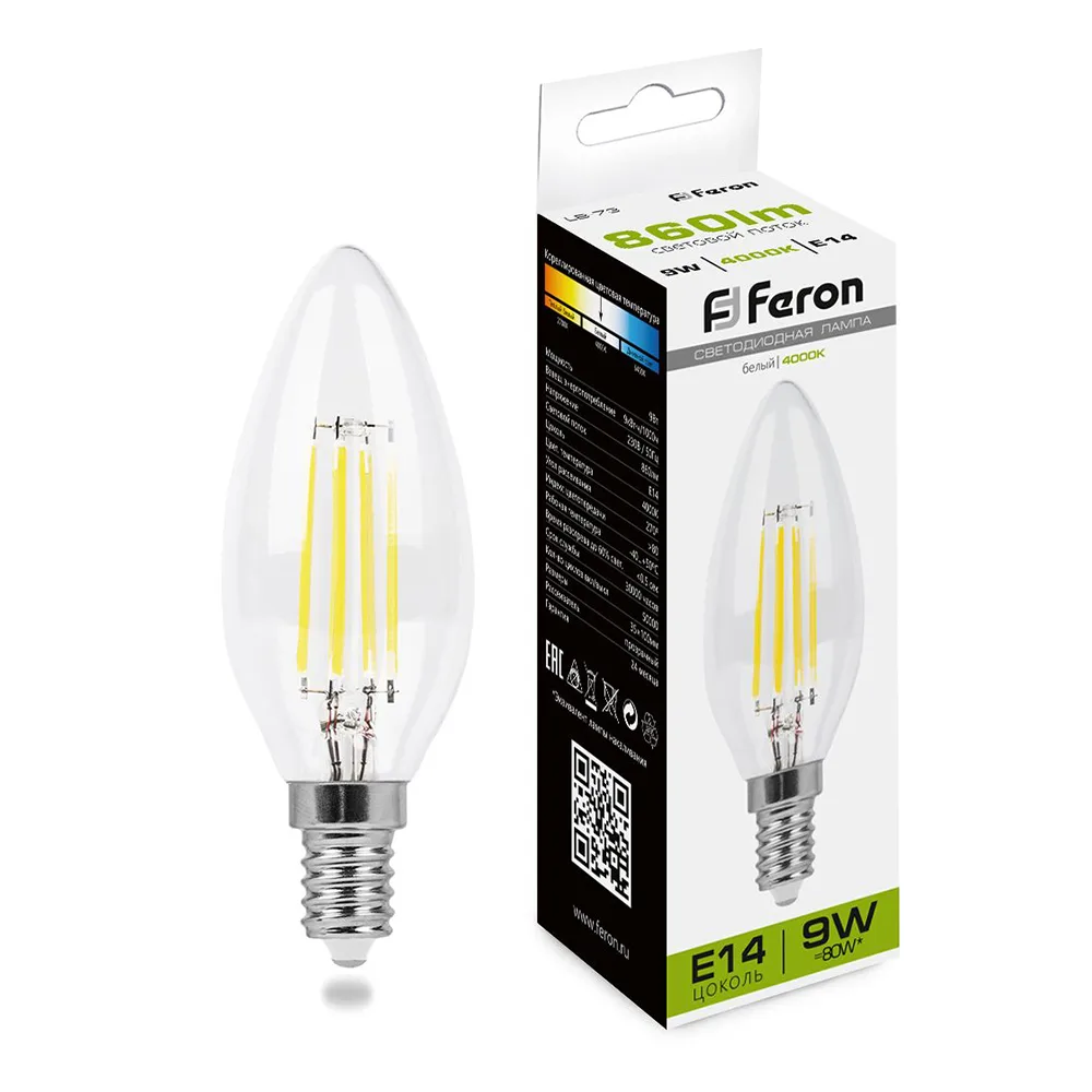 Лампа светодиодная FERON LB-73 Свеча E14 9W 230V 4000K 25958