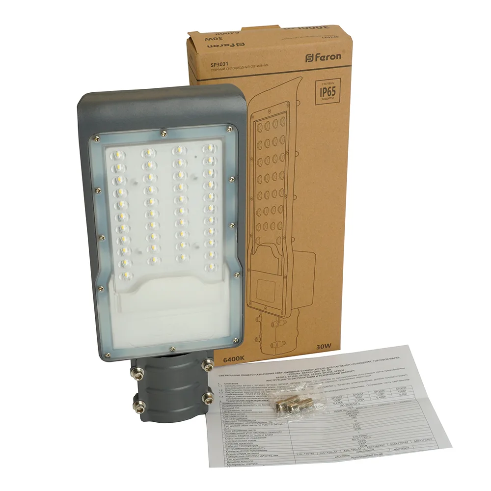 FERON Светодиодный уличный консольный светильник SP3031 30W 6400K 230V, серый 32576 FERON Светодиодный уличный консольный светильник SP3031 30W 6400K 230V, серый 32576