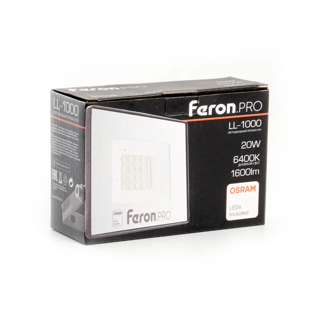 FERON Светодиодный прожектор Feron.PRO LL-1000 IP65 20W 6400K черный 41538 FERON Светодиодный прожектор Feron.PRO LL-1000 IP65 20W 6400K черный 41538