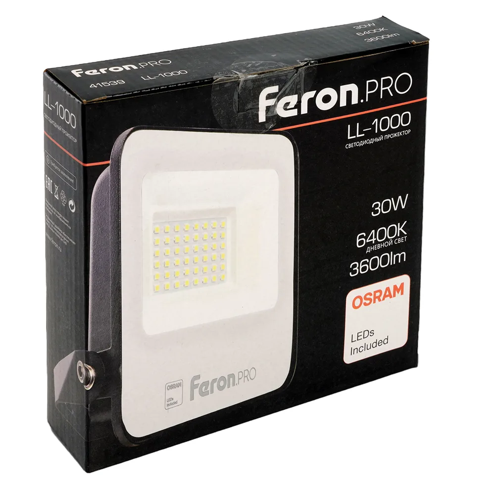 FERON Светодиодный прожектор Feron.PRO LL-1000 IP65 30W 6400K черный 41539 FERON Светодиодный прожектор Feron.PRO LL-1000 IP65 30W 6400K черный 41539