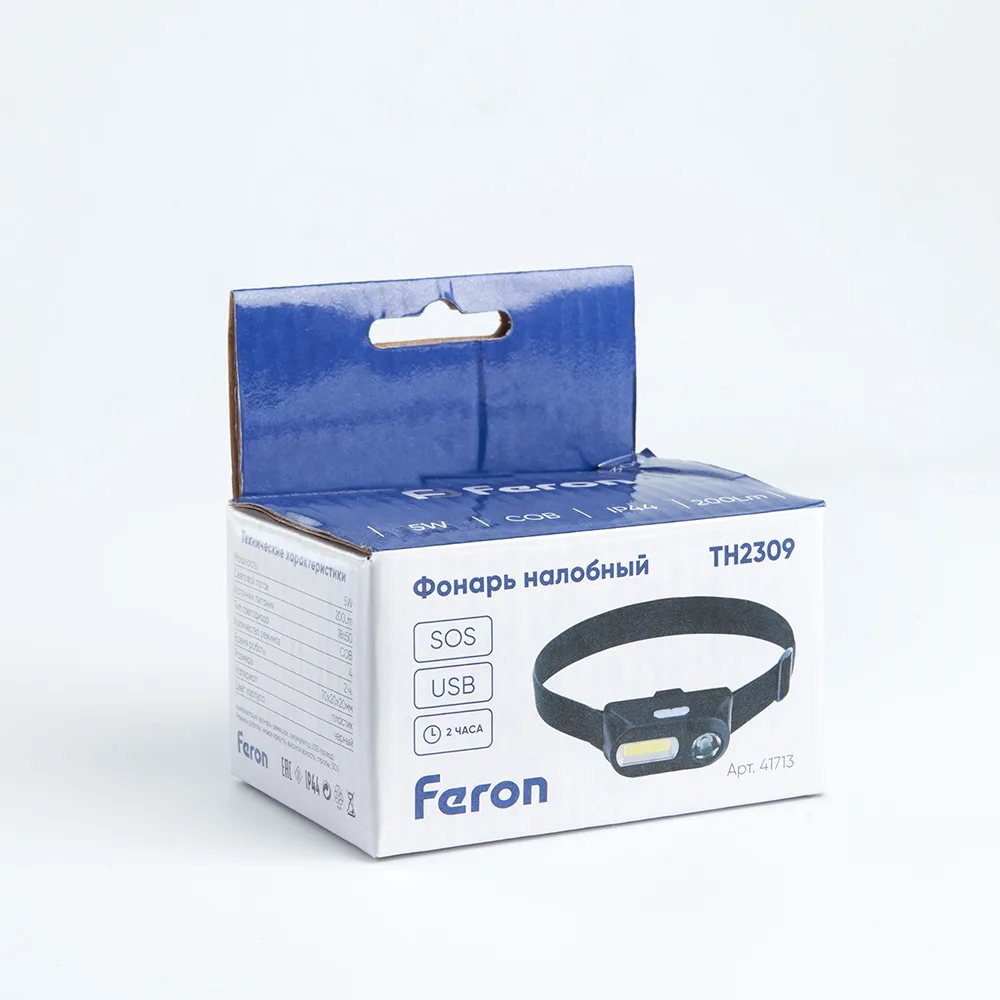 FERON Фонарь налобный TH2309 с аккумулятором USB 1*18650, 3W+2W XPE+COB IP44, пластик 41713 FERON Фонарь налобный TH2309 с аккумулятором USB 1*18650, 3W+2W XPE+COB IP44, пластик 41713