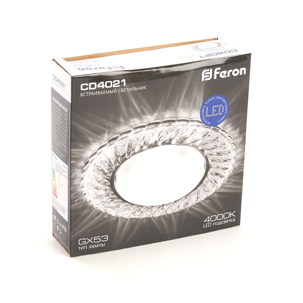 FERON Светильник встраиваемый с белой LED подсветкой CD4021 потолочный GX53 без лампы прозрачный 29474 FERON Светильник встраиваемый с белой LED подсветкой CD4021 потолочный GX53 без лампы прозрачный 29474