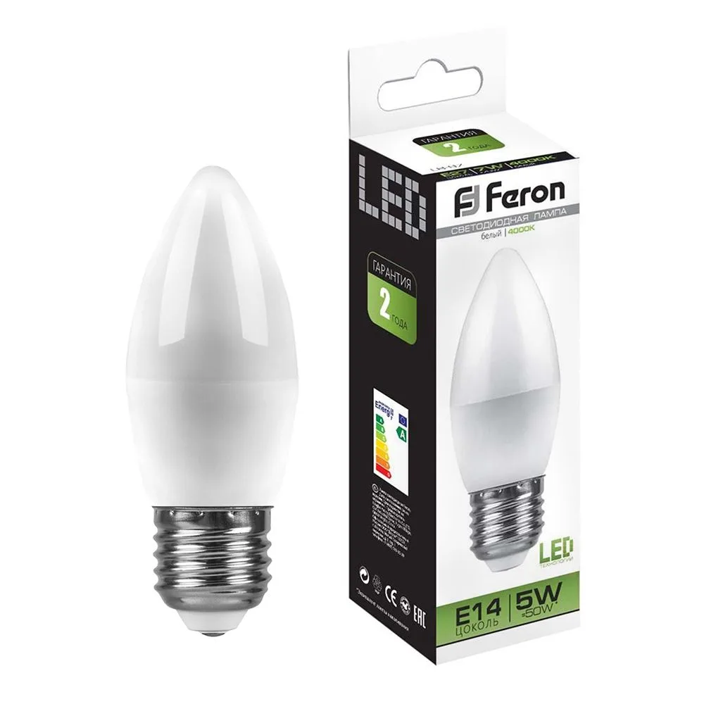 FERON Лампа светодиодная LB-72 Свеча E27 5W 4000K 25765 FERON Лампа светодиодная LB-72 Свеча E27 5W 4000K 25765
