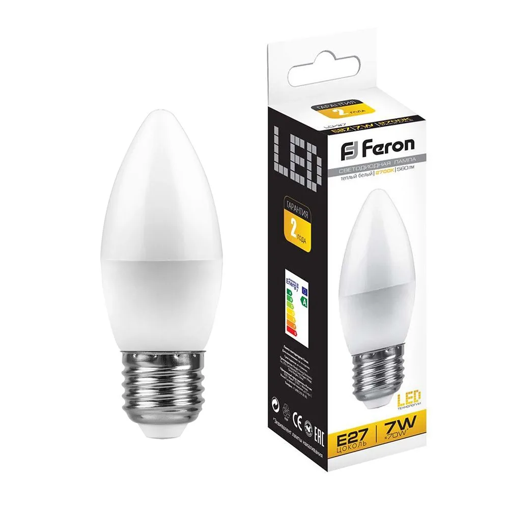 FERON Лампа светодиодная LB-97 Свеча E27 7W 175-265V 2700K 25758 FERON Лампа светодиодная LB-97 Свеча E27 7W 175-265V 2700K 25758