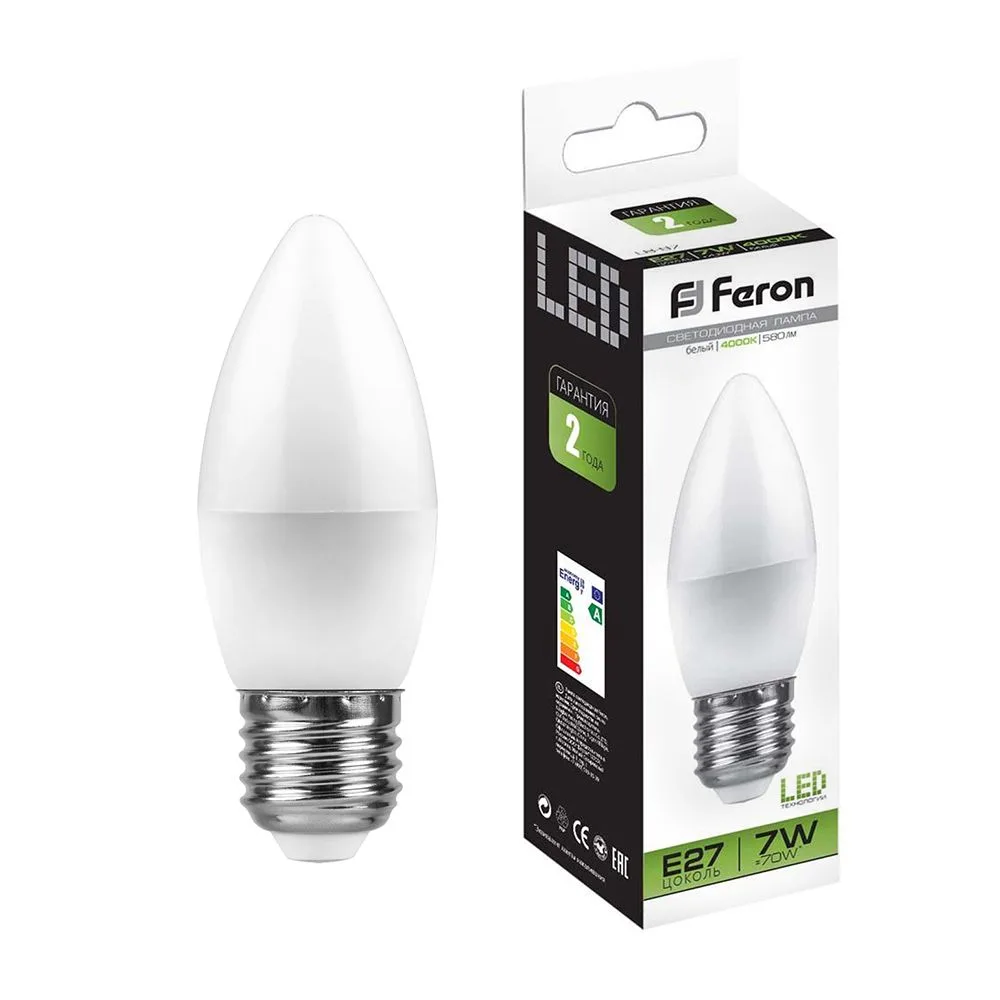 FERON Лампа светодиодная LB-97 Свеча E27 7W 175-265V 4000K 25759 FERON Лампа светодиодная LB-97 Свеча E27 7W 175-265V 4000K 25759