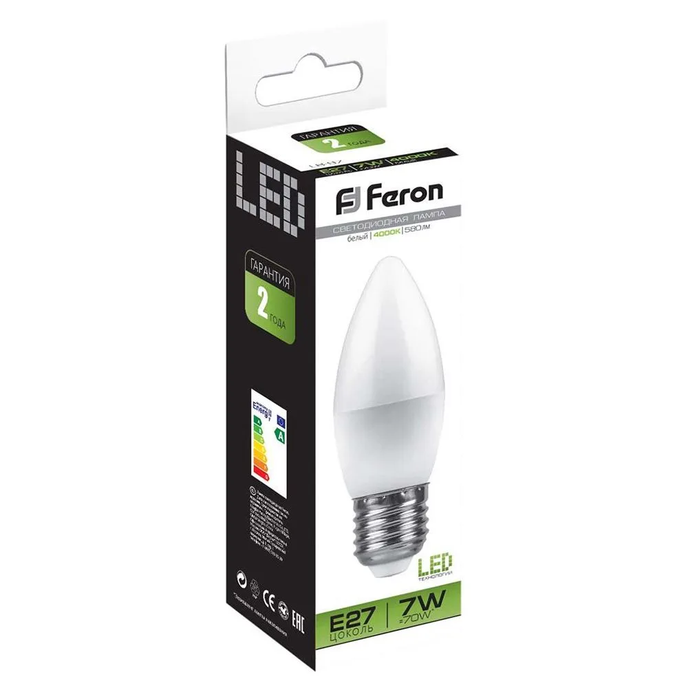 FERON Лампа светодиодная LB-97 Свеча E27 7W 175-265V 4000K 25759 FERON Лампа светодиодная LB-97 Свеча E27 7W 175-265V 4000K 25759