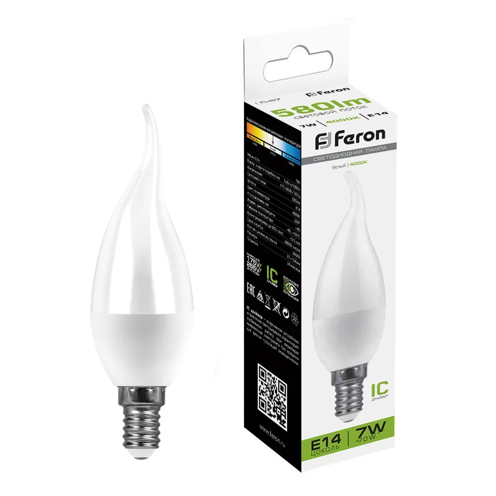 FERON Лампа светодиодная LB-97 Свеча на ветру E14 7W 175-265V 4000K 25761 FERON Лампа светодиодная LB-97 Свеча на ветру E14 7W 175-265V 4000K 25761