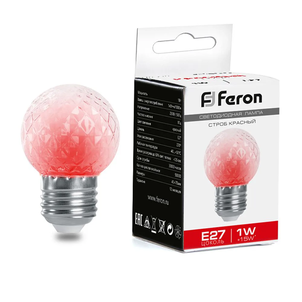 FERON Лампа-строб LB-377 Шарик прозрачный E27 1W 230V красный 38210 FERON Лампа-строб LB-377 Шарик прозрачный E27 1W 230V красный 38210