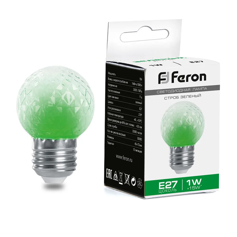 FERON Лампа-строб LB-377 Шарик прозрачный E27 1W 230V зеленый 38209 FERON Лампа-строб LB-377 Шарик прозрачный E27 1W 230V зеленый 38209