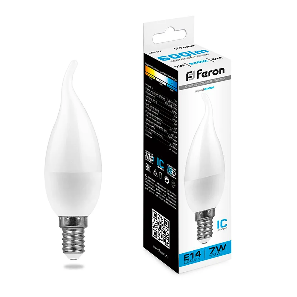 FERON Лампа светодиодная LB-97 Свеча E14 7W 175-265V 2700K 25475 FERON Лампа светодиодная LB-97 Свеча E14 7W 175-265V 2700K 25475